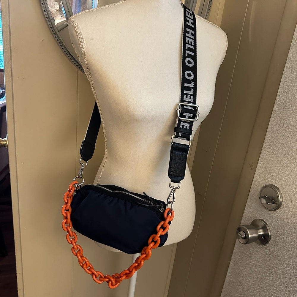 Zara Nylon Crossbody Bag With Chain & Text Detail - Navy Blue